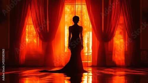 Silhouette of a woman in evening gown against vibrant window with curtains