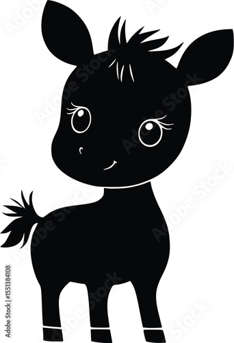 Cute black silhouette of a foal standing, adorable cartoon animal illustration, editable vector graphic