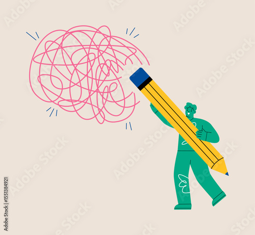 Resolving complex problems, erasing negative thoughts. Man delete messy lines. Colorful vector illustration