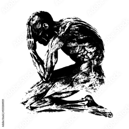 Skinless human figure kneeling, lost in the oblivion of thought.  Defined and with halftone effect