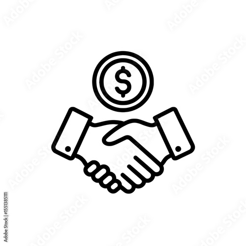 A handshake with a dollar coin above it in a black and white outline on transparent background , no background