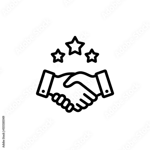 handshake icon vector , Outline icon of a handshake with three stars above it in black and white on transparent background , no background