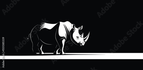 Monochromatic rhino silhouette illustration, editable vector, standing on white line, dark setting, wildlife art