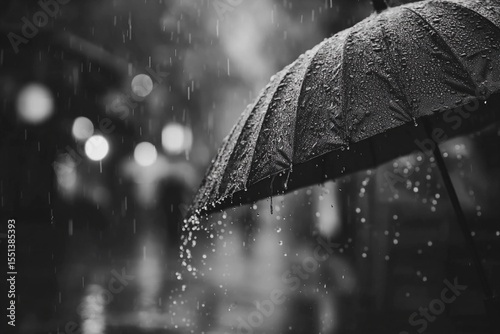 Rain pouring down on a black umbrella in a city street at nightfall