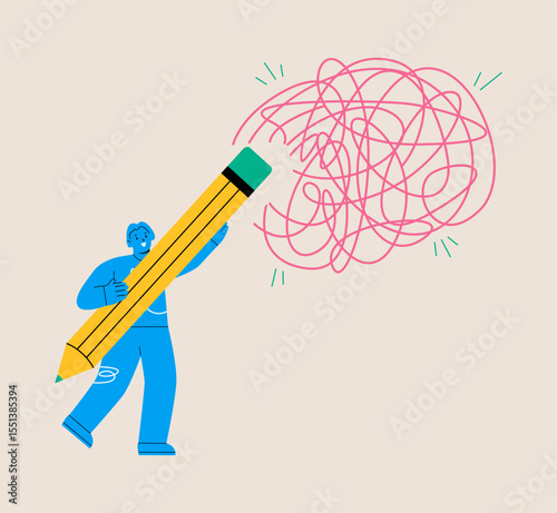Resolving complex problems, erasing negative thoughts. Woman delete messy lines. Colorful vector illustration