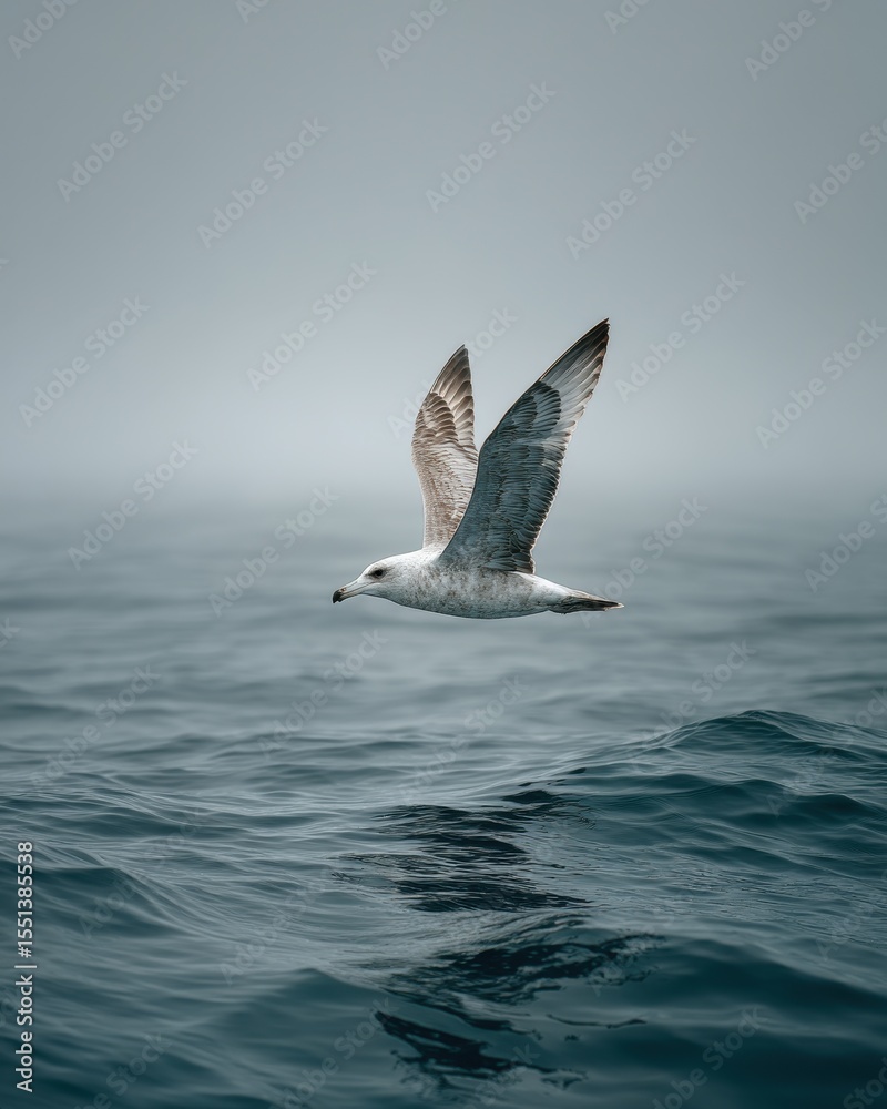 Fototapeta premium White And Gray Seabird Soaring Over Dark Blue Ocean Water