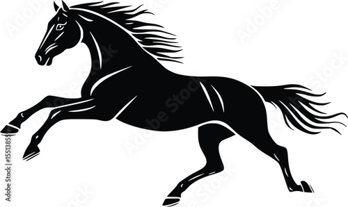 Black horse silhouette leaping, editable vector illustration, isolated on white