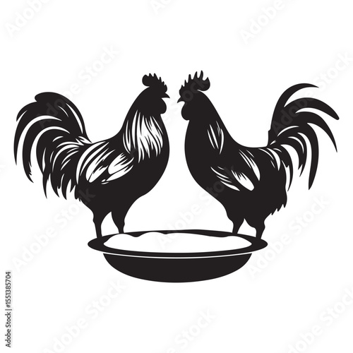 Chickens and roosters eating, barnyard birds