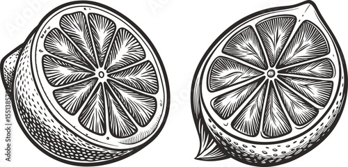 Two lemon halves detailed ink drawing citrus fruit slices