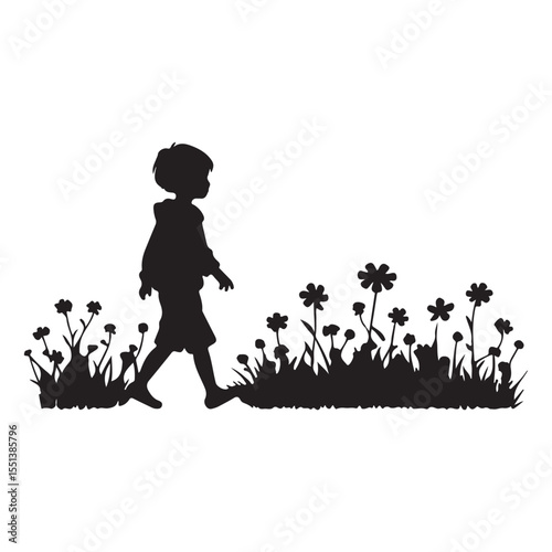 Children walk through flowers, nature stroll
