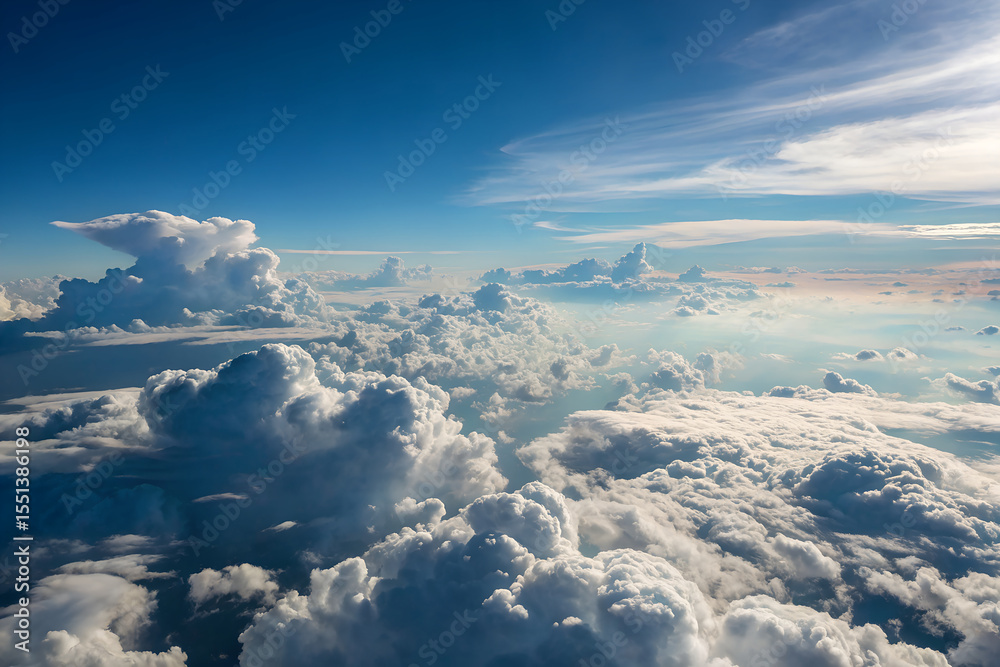 Fototapeta premium Breathtaking aerial view above a sea of white, fluffy clouds. A beautiful cloudscape under a vast, clear blue sky, seen during a flight on a sunny day generative ai