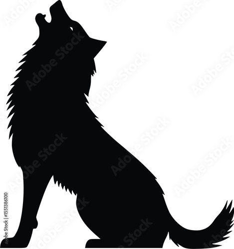 Silhouette of a howling wolf, sitting, editable vector, isolated on white