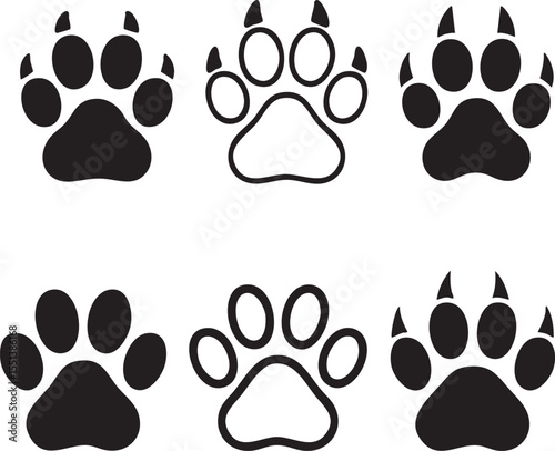 Collection of six stylized animal paw prints in black and white outline and solid fill