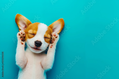 A small brown and white dog with its paws up in the air