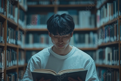 Male Asian student studying and reading a book in a quiet library, focusing on his studies., Generative AI