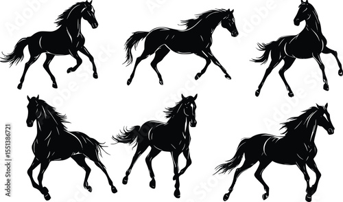 Six galloping horse silhouettes: editable vector illustration set, isolated on white