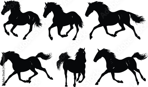 Six running horse silhouettes: editable vector illustration set, dynamic poses, black equine art
