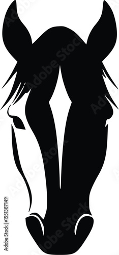 Editable vector silhouette of a horse head, front view, black and white, minimalist style