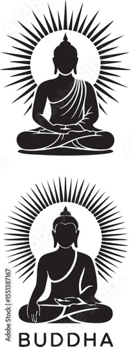 Black silhouette of buddha meditating with a radiant halo and the word buddha below
