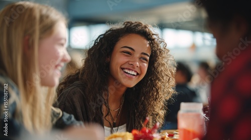 Group of diverse teens students laughing together at school lunch table   
