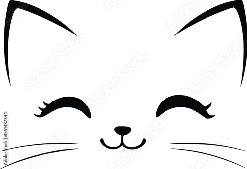 Adorable cat face silhouette, simple line art, happy expression, editable vector illustration, cute pet design, minimalist style, graphic element, white,