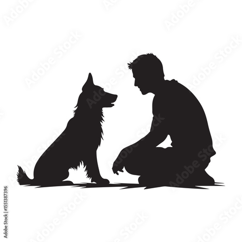 Father and child pampering dog, vector art