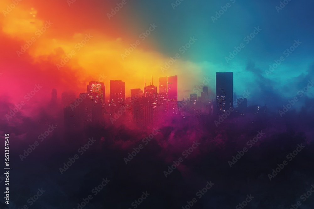 Fototapeta premium Vibrant Cityscape with Stunning Sunset and Colorful Clouds at Dusk
