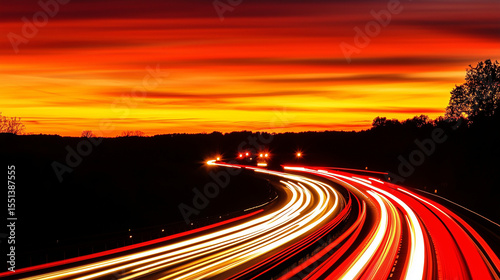 Vehicle light streaks on a highway at sunset, blending motion with warmth in a dynamic urban flow