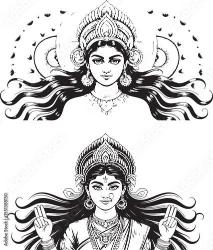 Elegant black and white illustration of goddess durga with flowing hair and ornate jewelry