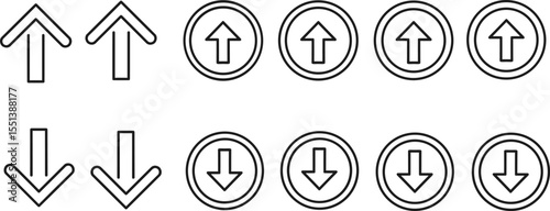 Up and down arrow icon set, outline style, navigation direction symbols, interface design arrows, black line circle arrows for web UI UX graphic