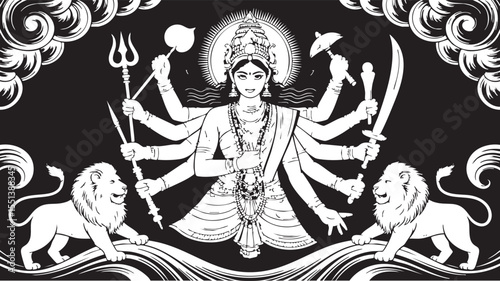 Hindu goddess durga with multiple arms holding weapons and riding a lion