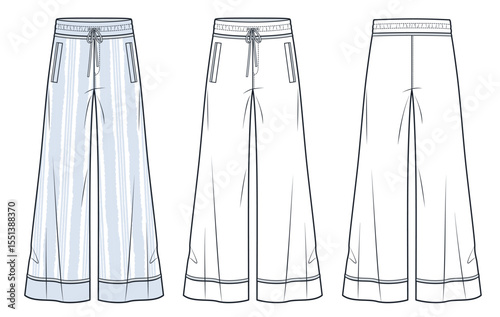 Drawstring Pants fashion flat technical drawing template. Wide Leg Pants technical fashion illustration, relaxed fit, front and back view, white, light blue stripe, women, men, unisex CAD mockup.