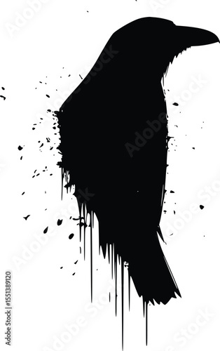 Ink Silhouette of a Crow, Dripping Paint Effect, Editable Vector Illustration
