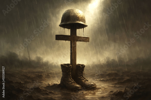 Battlefield memorial with soldier boots, helmet on wooden cross under heavy rain symbolizing war loss and remembrance