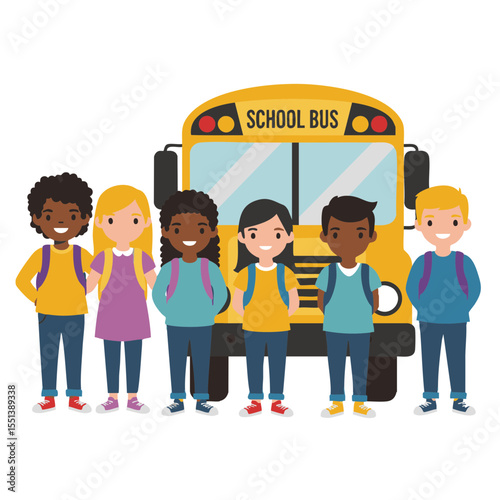 Group of Diverse Kids Beside School Bus Front, Flat Icon