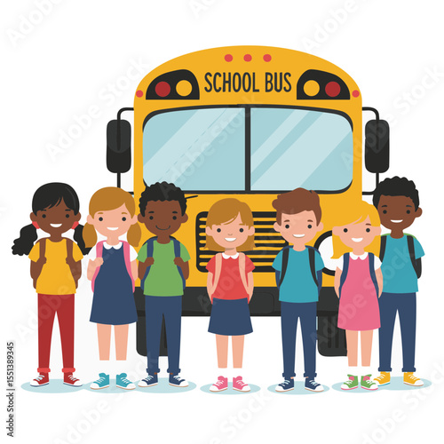  Group of Diverse Kids Beside School Bus Front, Flat Icon
