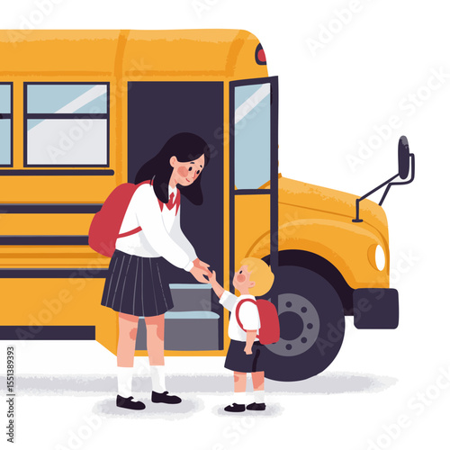 Schoolgirl Helping Younger Child Near Bus Steps, Flat Illustration