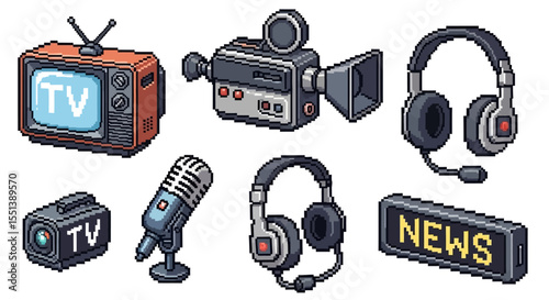 set of TV broadcast in pixelated style isolated in vector