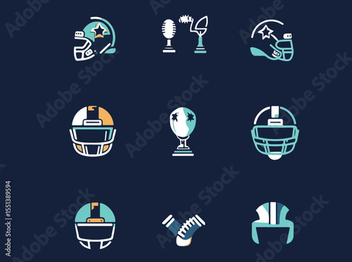 American Football Icon Set with Helmets Microphone Trophy and Cleats