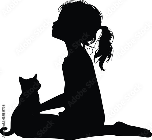Silhouette of girl and cat sitting together, looking up, editable vector