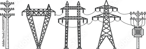 Electricity transmission towers, power line pole illustrations, high voltage pylon structures, utility infrastructure elements, grid energy icons, engineering design vector, black outline set