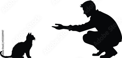 Man crouching, offering hand to a sitting cat silhouette, editable vector illustration