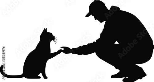 Silhouette of a man crouching, reaching out to shake a cat's paw