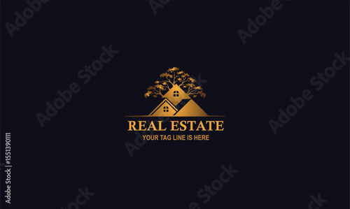 Luxurious Golden Real Estate Logo Featuring Elegant Houses Under a Thriving Tree, Symbolizing Stability, Growth, Nature, and Premium Property Investments