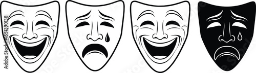 Comedy and tragedy theater masks illustration, emotional drama faces, classic stage symbols, sad and happy expressions, theatrical performance art, black and white design