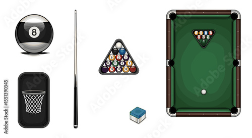 A collection of billiards equipment including balls cue chalk and table on a white background scene