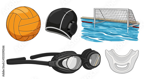 Water polo equipment including a ball cap goggles mouthguard and a goal in a pool illustration