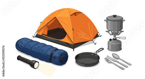Camping gear including a tent sleeping bag flashlight stove cookware and utensils on a white surface