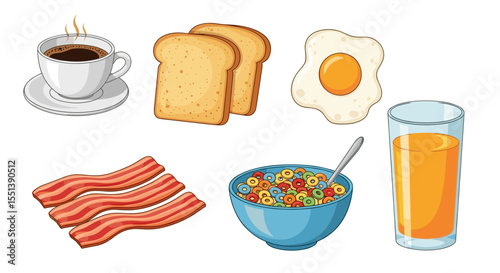 A colorful breakfast spread featuring coffee, toast, egg, bacon, cereal, and orange juice is shown here
