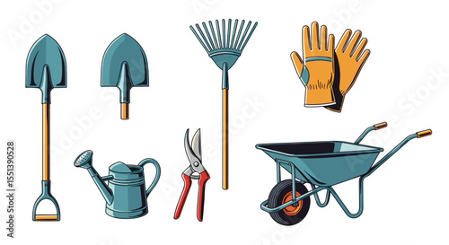 Illustration of various garden tools including shovels rake watering can gloves and a wheelbarrow displayed